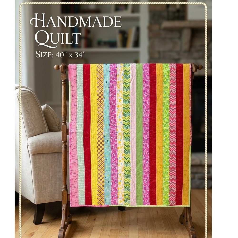 Handmade Multi Color Jelly Roll Strip Quilt 34x40 Baby Blanket Lap Throw
